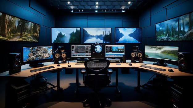 "Modern post-production studio with multiple monitors displaying nature scenes, equipped with advanced editing software and high-quality speakers, showcasing a professional filmmaking workspace."