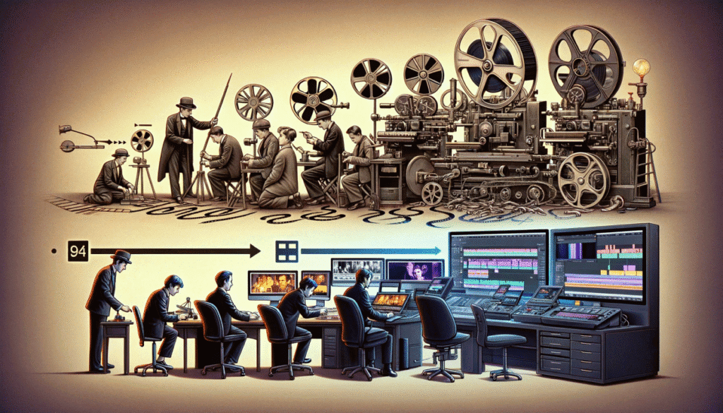 "Evolution of film editing from vintage manual film reels and projectors to modern digital post-production workstations, showcasing the history of filmmaking technology."