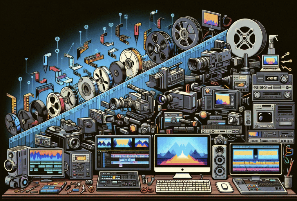 "Illustrated evolution of filmmaking technology, featuring vintage film reels, cameras, and modern digital editing setups with monitors displaying post-production software, symbolizing the history of film editing."